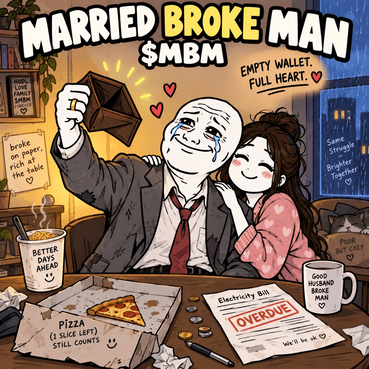 Married Broke Man and his wife at the kitchen table — empty wallet, full heart, rain on the window.