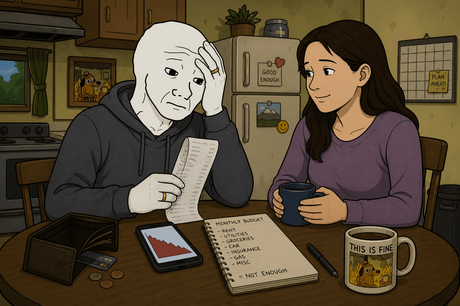 Married Broke Man and his wife sharing leftover rice on the couch under warm lamp light.